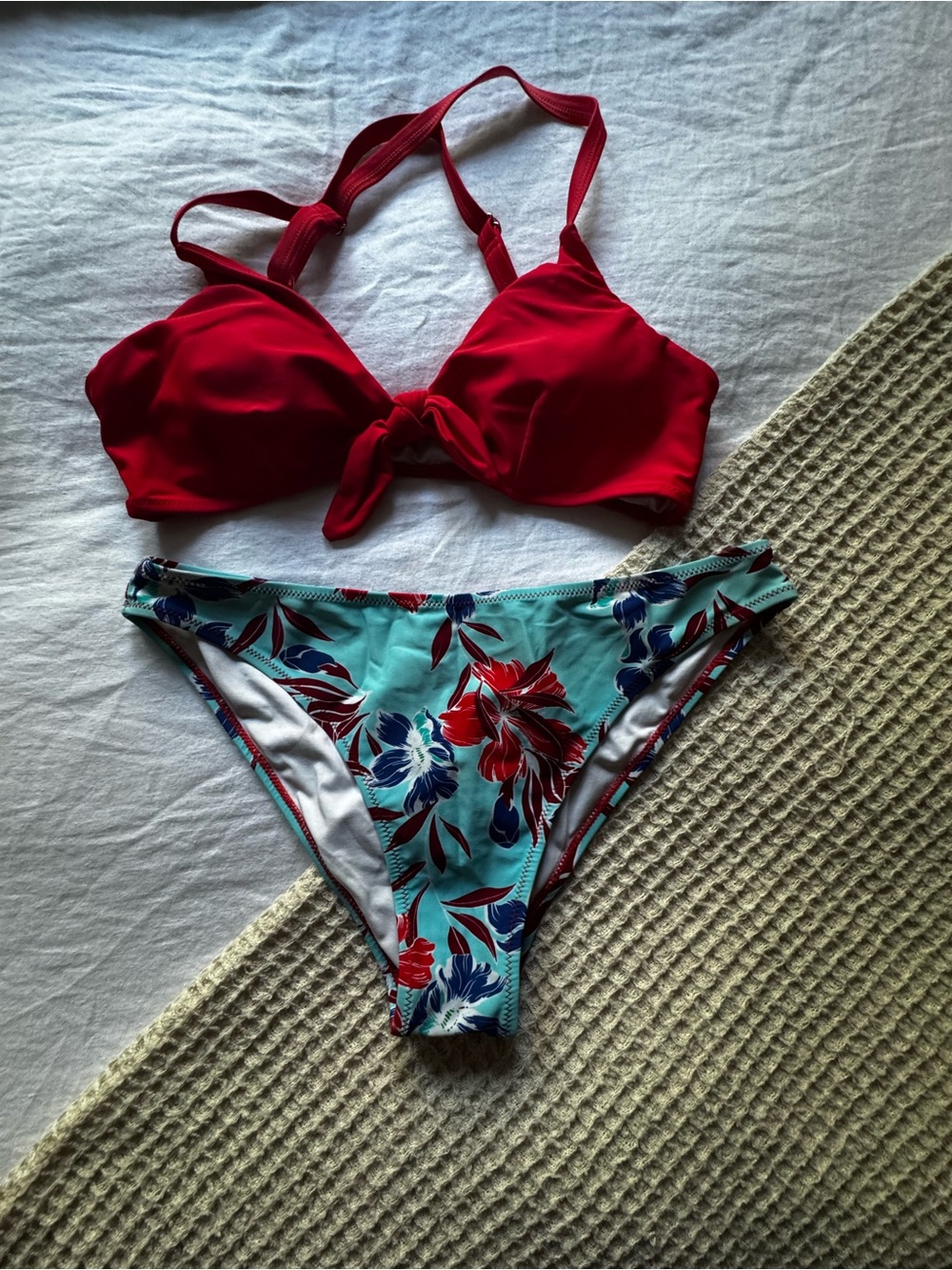 Cupshe Red Top with Aqua Floral Bikini Set
